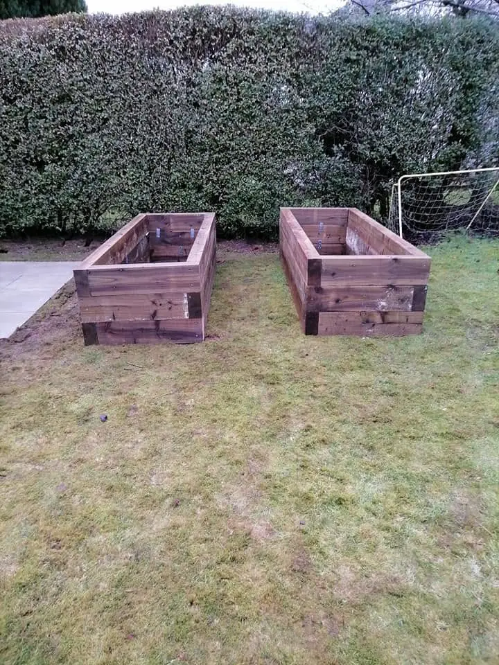 Two timber raised sleeper beds on a lawn beside a high hedge